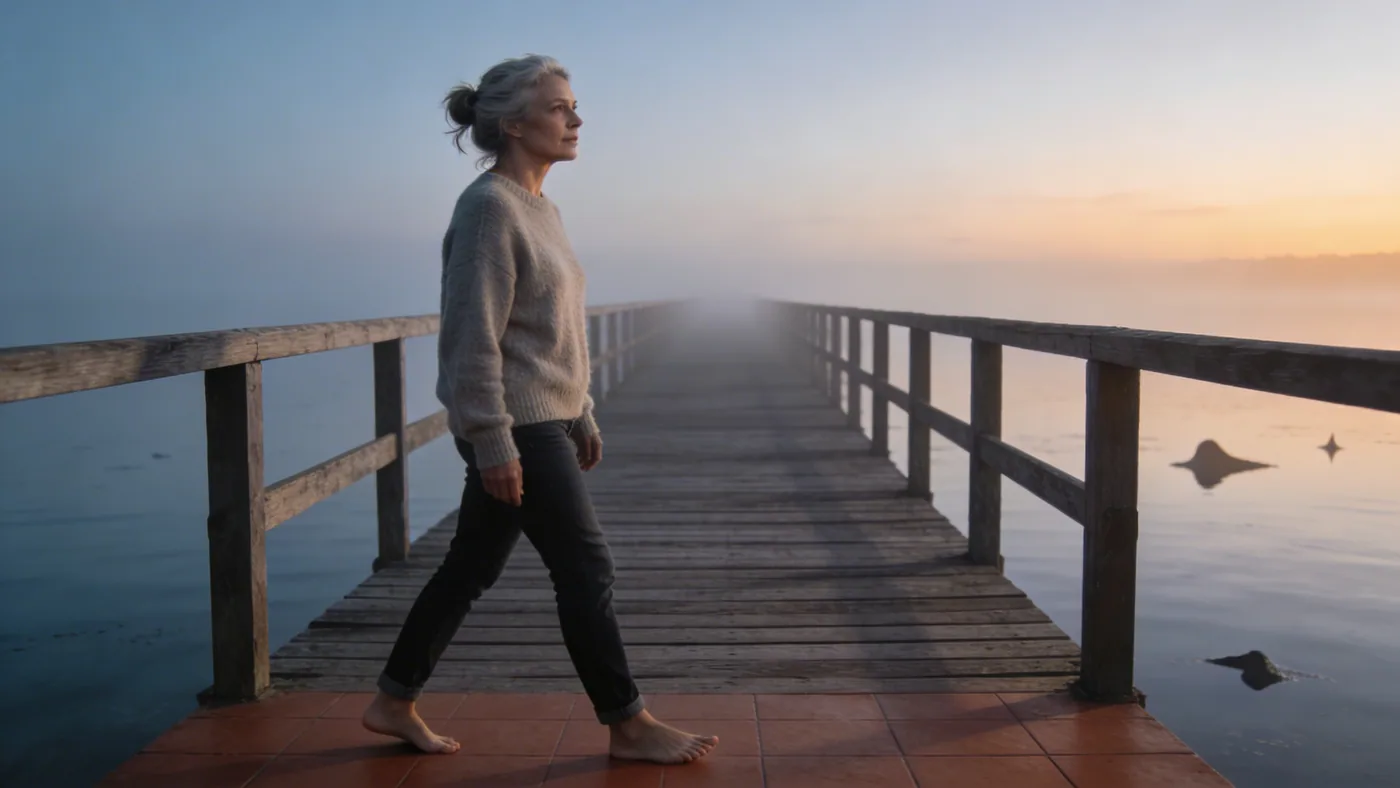 Bare feet gripping terracotta floor in morning light, body-grounded practice for when thoughts won't stop — you are not your thoughts practical guide