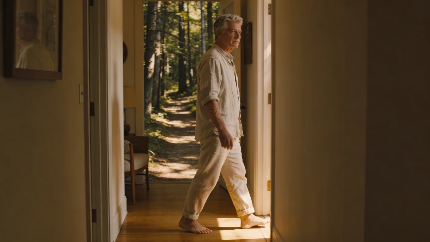 Bare feet mid-step on a wooden hallway floor moving toward light, showing what softens in the body a Bare feet mid-step on a wooden hallway floor moving toward light, showing what softens in the body at a turning point — somatic exercises for nervous system