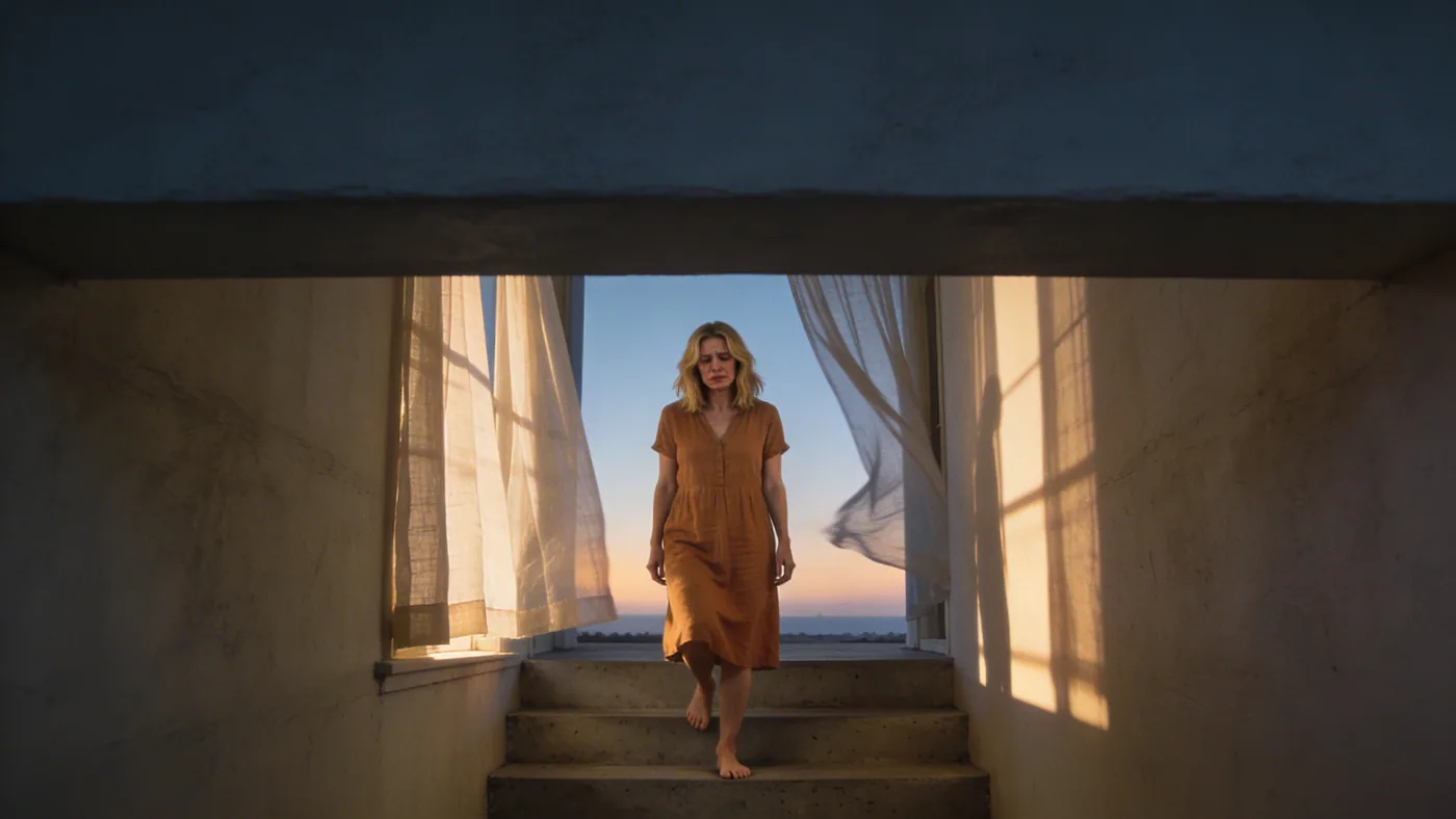 Bare feet paused on concrete steps showing the body halting when emotional exhaustion demands rest — emotional exhaustion recovery