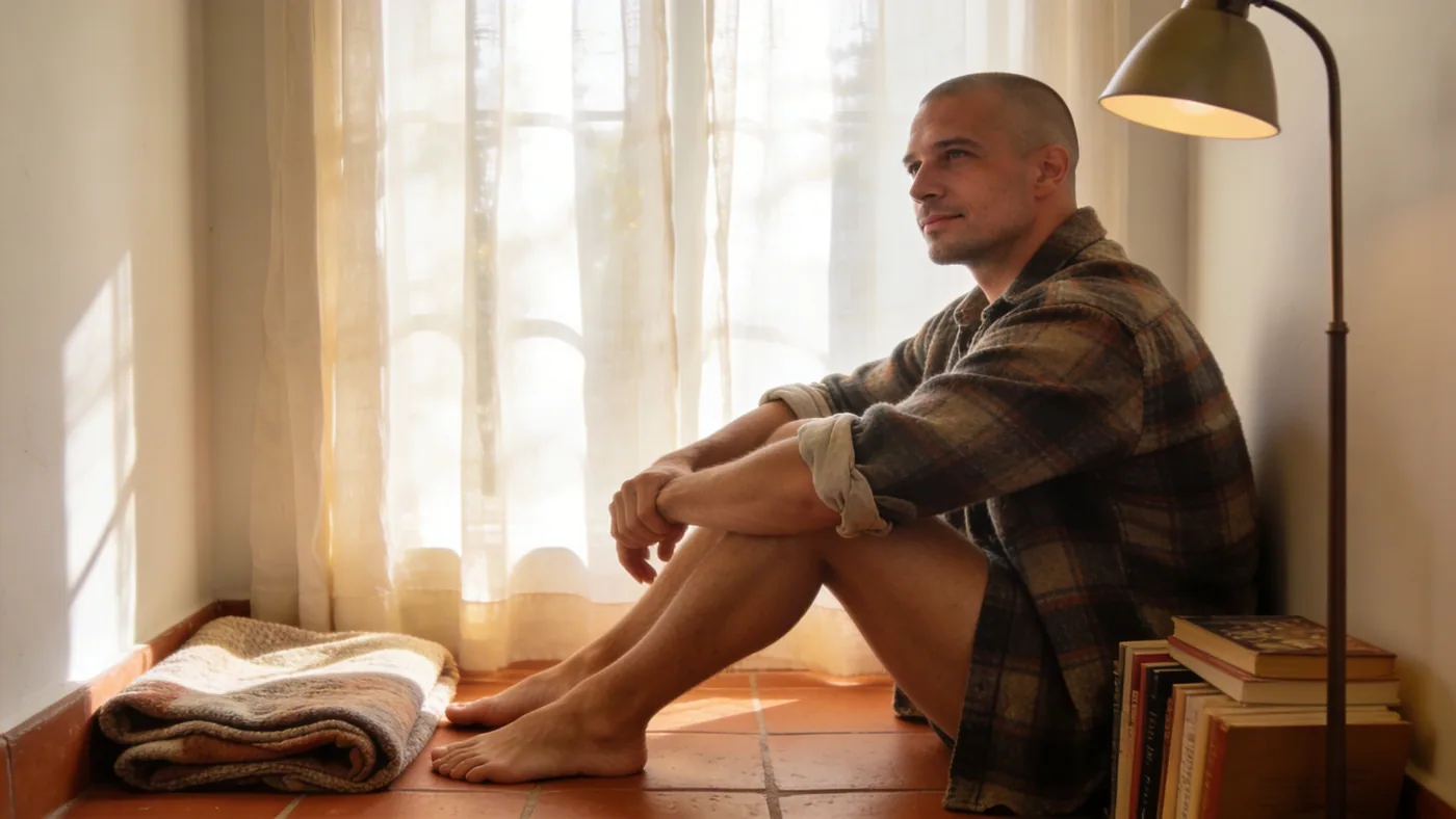 Bare feet resting on terracotta floor beside a folded blanket, a 12-minute safe return when your mind goes blank — suppressing emotions memory loss