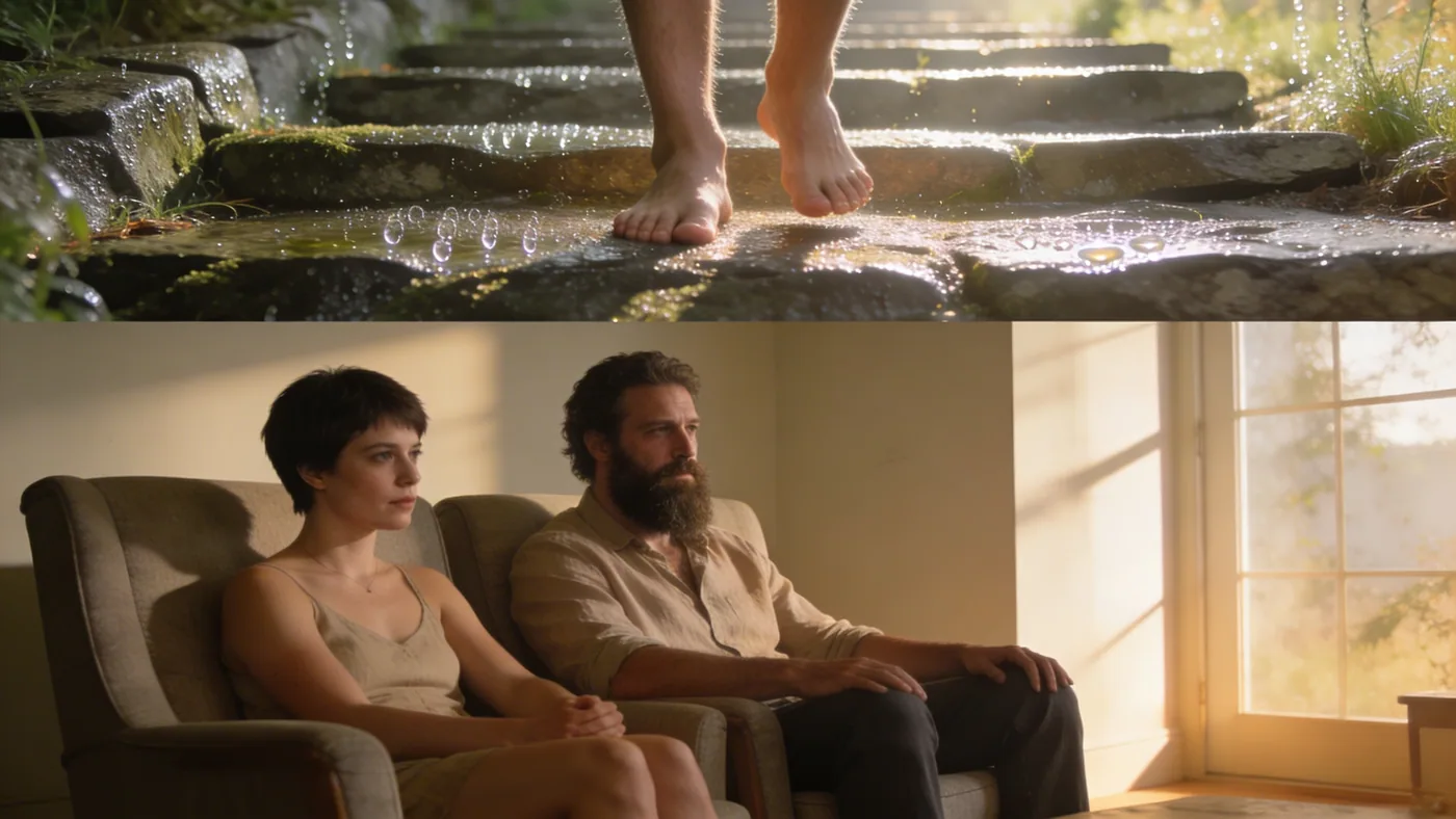 Bare feet standing on dew-covered stone steps in morning light showing what changes and softens over Bare feet standing on dew-covered stone steps in morning light showing what changes and softens over time — why do i hate myself real reason