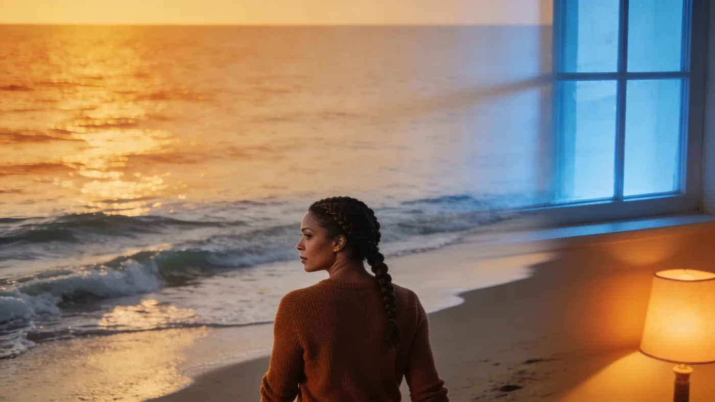 Body awareness: person walking toward warm light through a doorway — Your inner critic voice is often old protection not truth — self-compassion meditation