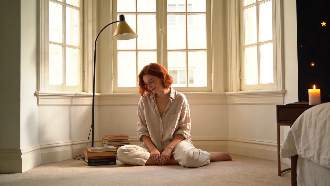 Candle on bedside table at night creating quiet space for body practice and inner listening — difference between ego and higher self