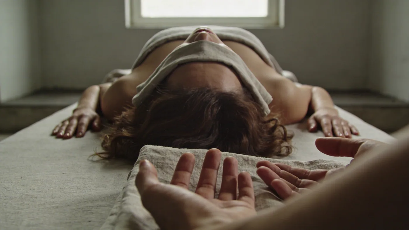 Close-up of hands uncurling on linen cloth showing the body softening into feeling safe