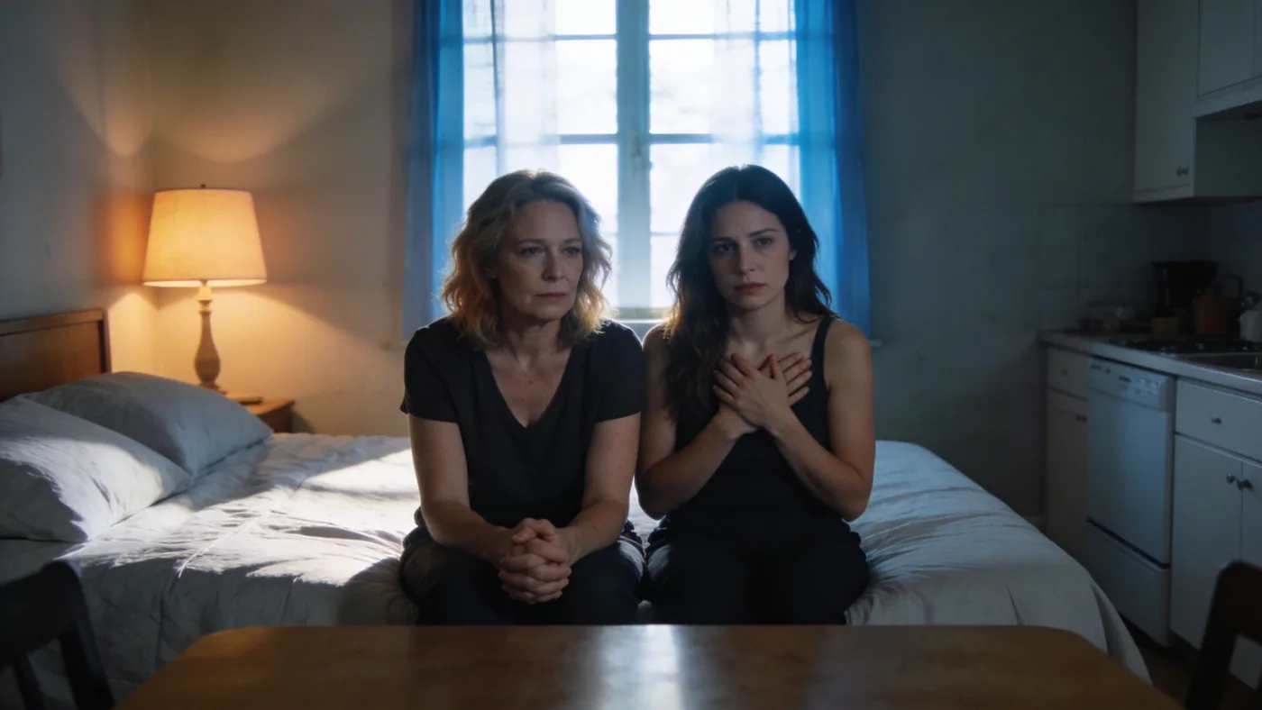 Close-up of man's clasped hands and chest at kitchen table in morning light showing body tension — inner child healing affirmations