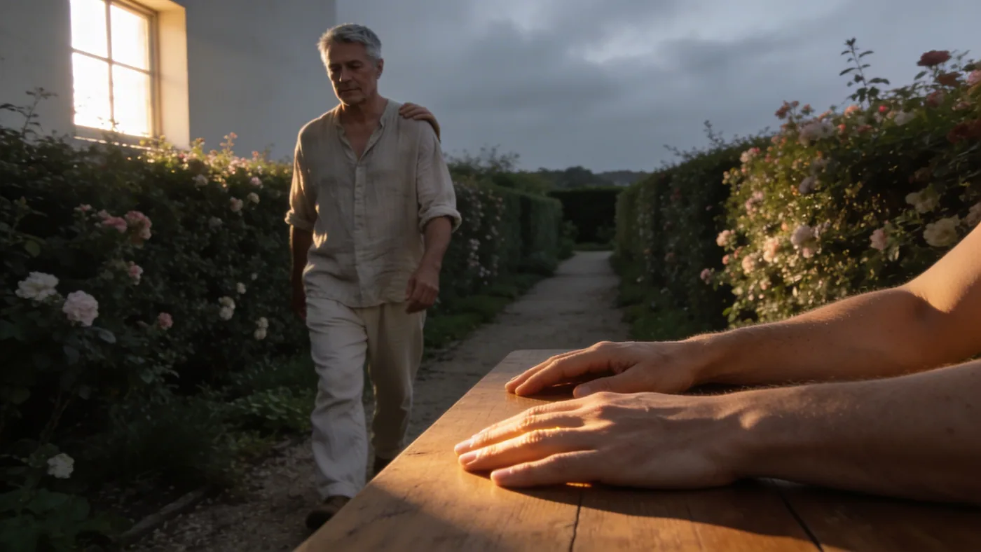 Close-up of relaxed hands resting on wooden table during a body-based letting go process — how to surrender when everything falls apart