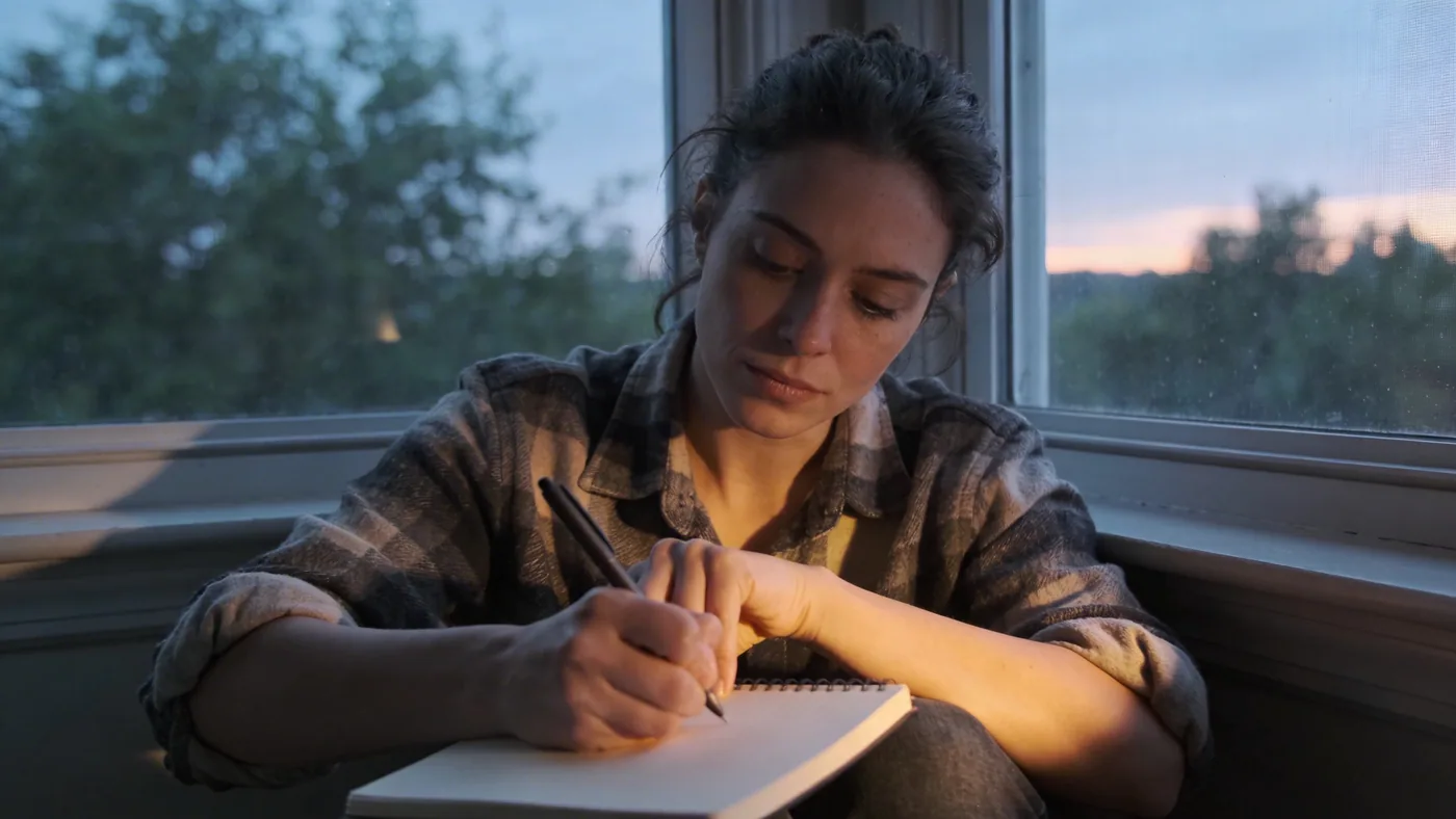 Close-up of tense hands gripping pen over blank journal page for shadow work journal prompts session