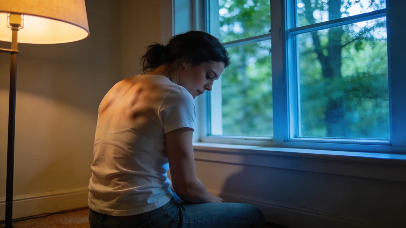 Close-up of tense shoulders and curved back showing recurring tension between massage sessions — emotional release massage