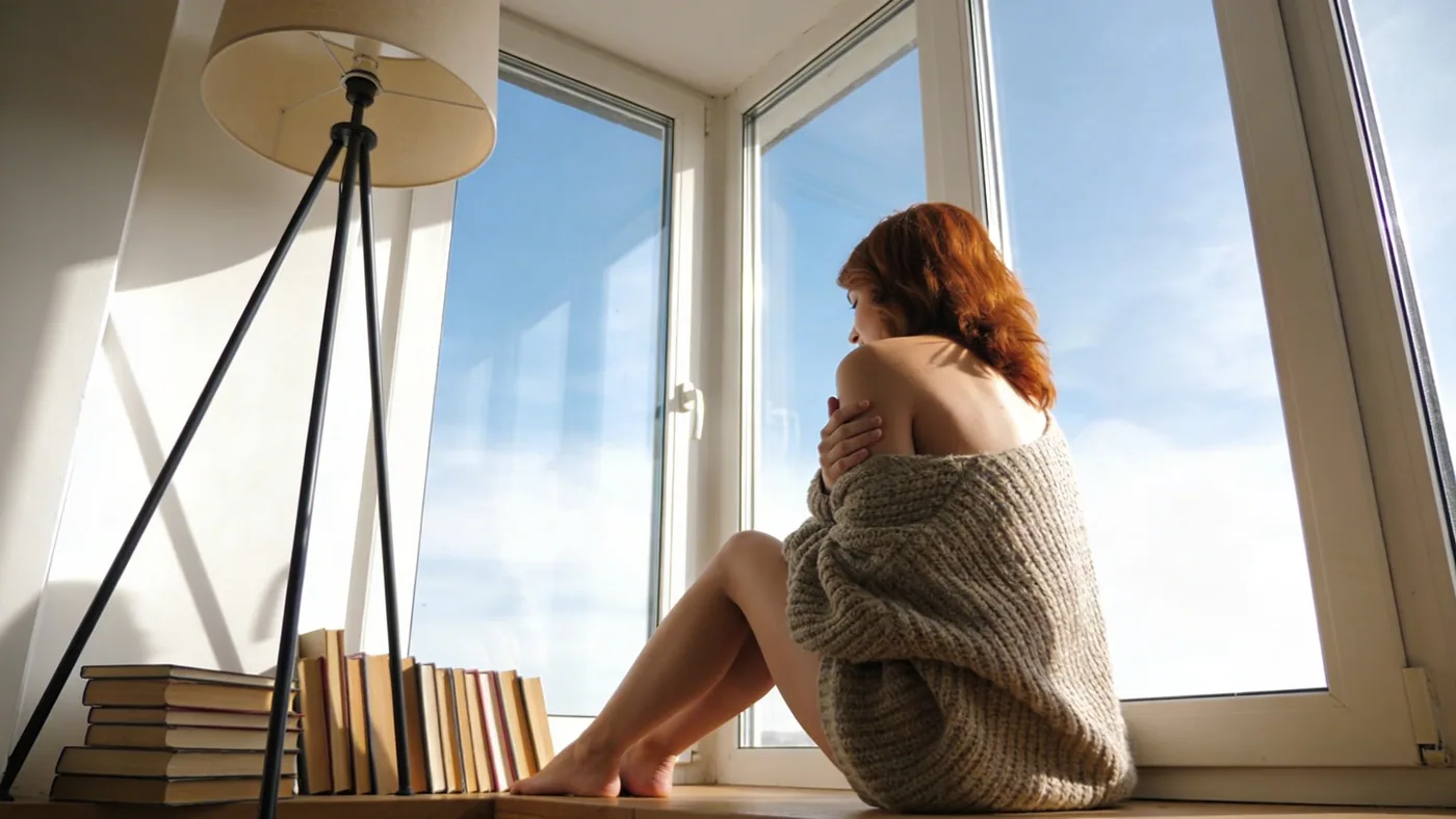 Close view of a woman's chest and collarbone curved inward in dim window light, quietly holding chest tightness anxiety in the body