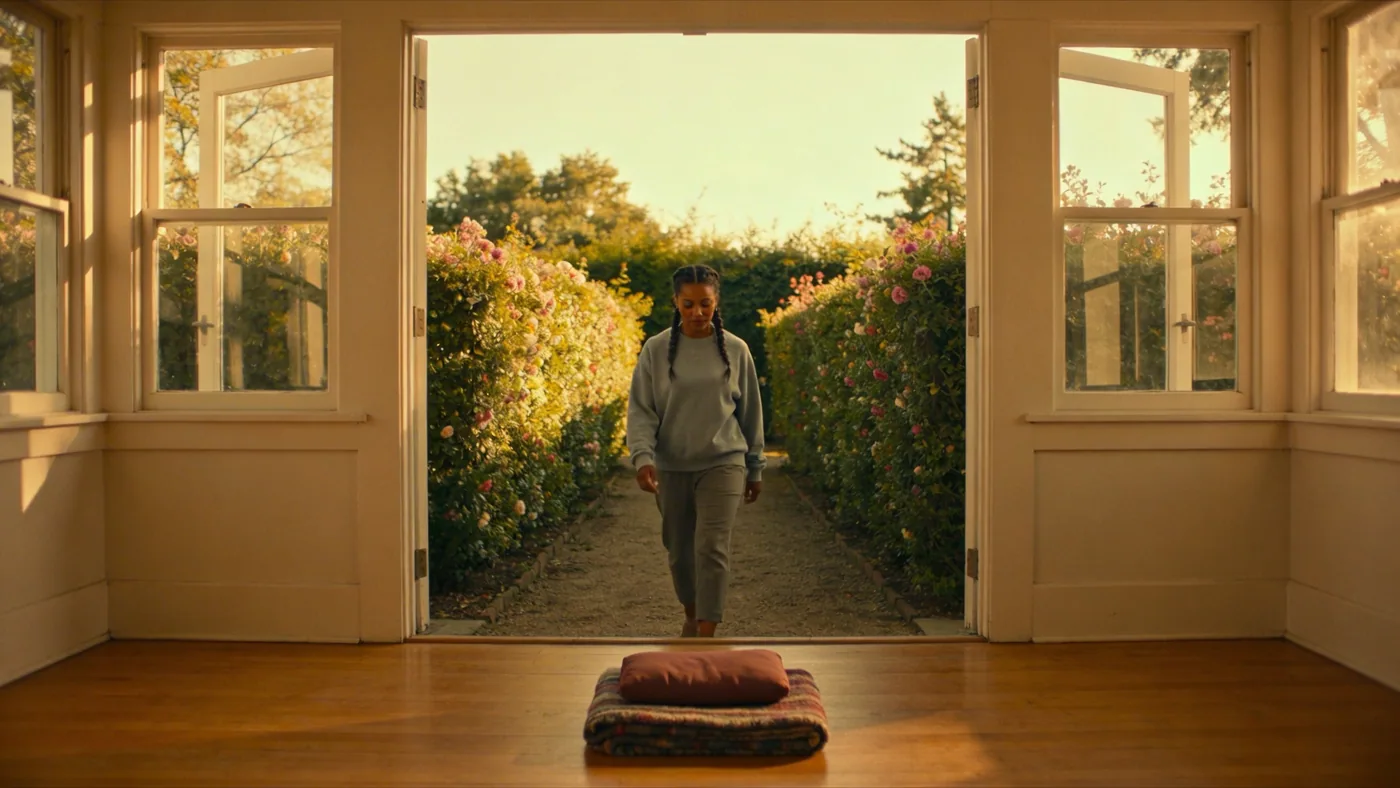 Folded blanket and cushion on wooden floor for the 20-minute Safe Room practice — how to stop wearing a mask