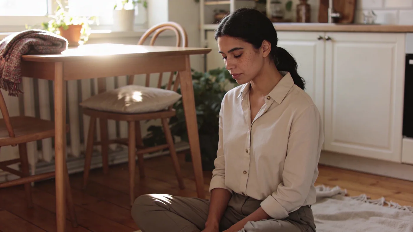 Folded scarf on pillow and blanket on wooden floor prepared for an 8-minute body-first reset tonight Folded scarf on pillow and blanket on wooden floor prepared for an 8-minute body-first reset tonight — why am i more anxious after meditating