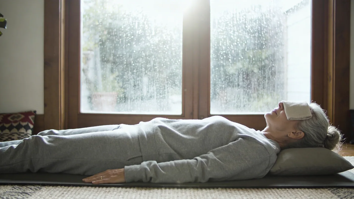 Integration: person lying on their back in a Feeling Session with arms beside the body and a soft cloth over the eyes and forehead only — A 10minute reset for when you cant trust your inner voice — spiritual ego