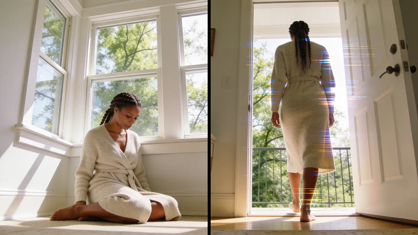 Man frozen mid-step in doorway showing subtle freeze response pattern in the body — body-first heali Man frozen mid-step in doorway showing subtle freeze response pattern in the body — body-first healing spirituality