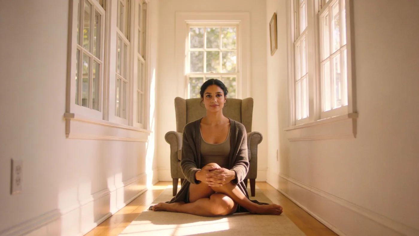 Man in a gentle seated fold on a sunlit hallway floor practicing a calm body-first somatic yoga practice at home — what is somatic yoga?