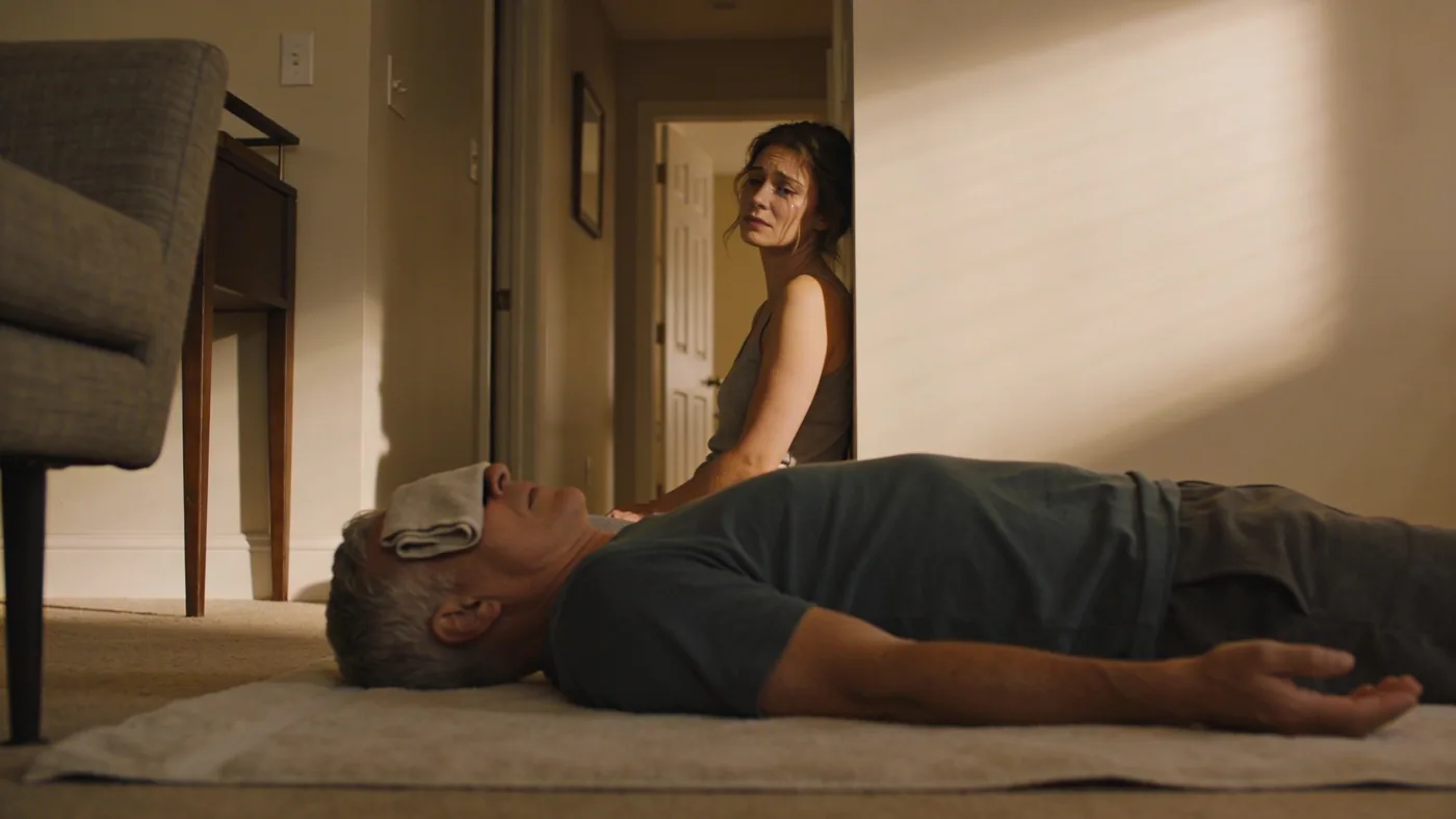 Man leaning against hallway wall with dropped shoulders in a quiet moment of emotional softening — emotional exhaustion recovery