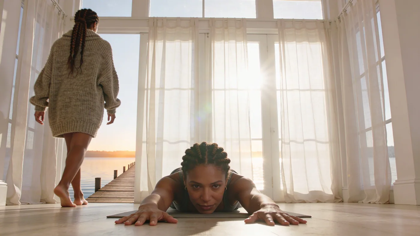 Man lying on floor with palms down practicing a simple yoga somatic session at home