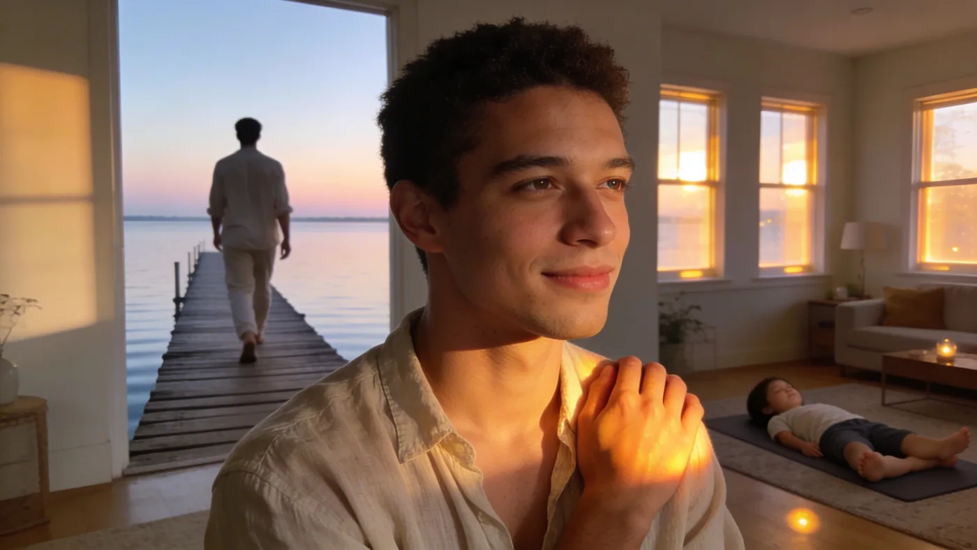 Man lying on living room floor practicing body-first inner child meditation at night — inner child healing activities