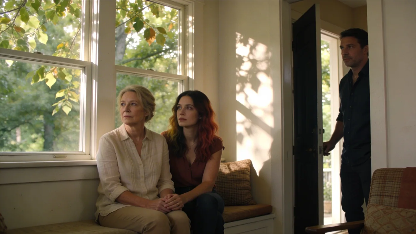 Man pausing in doorway threshold between dim and bright rooms representing yoga somatic turning point