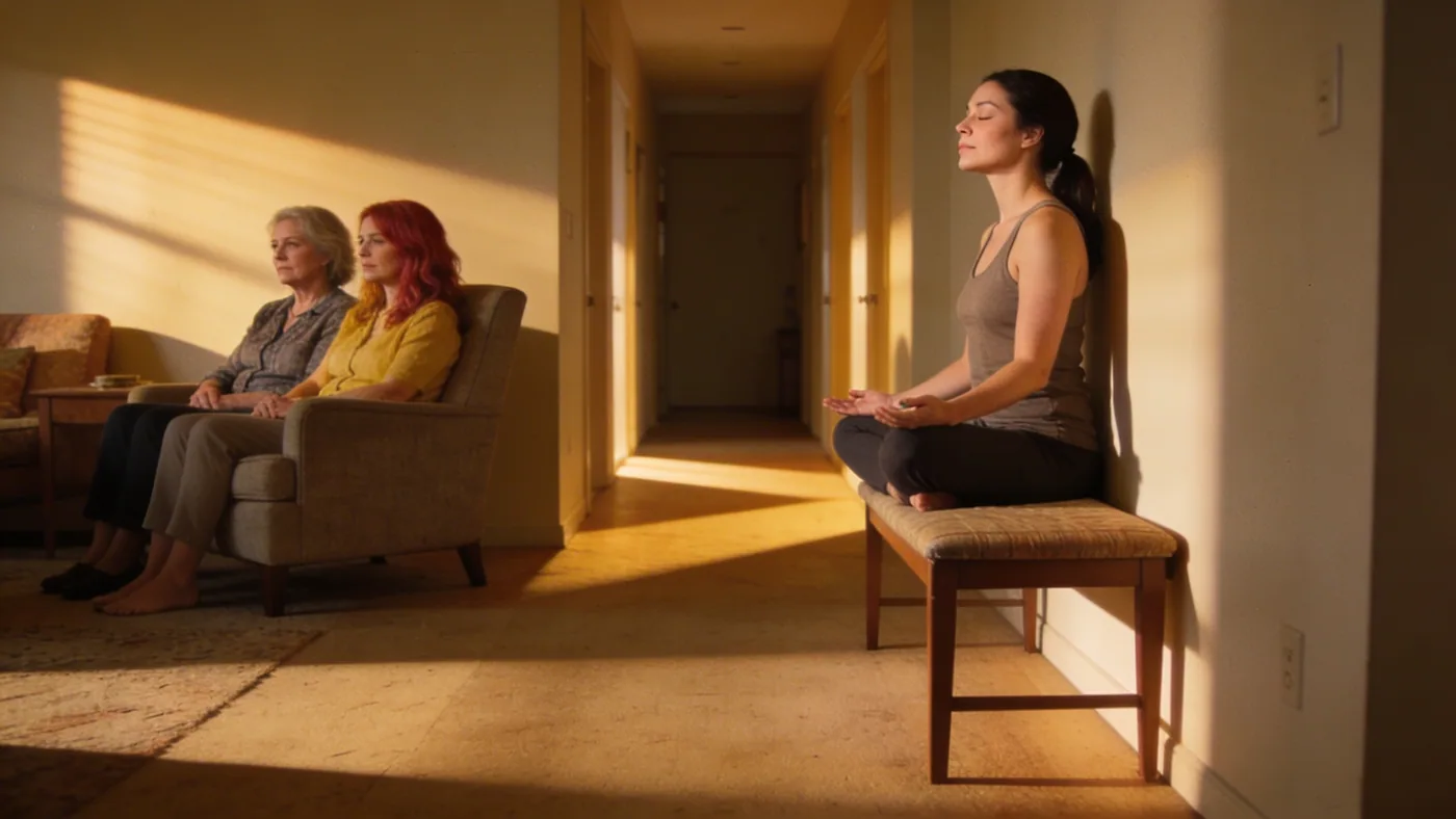 Man seated on hallway bench eyes closed breathing deeply, practicing body awareness for feeling misu Man seated on hallway bench eyes closed breathing deeply, practicing body awareness for feeling misunderstood