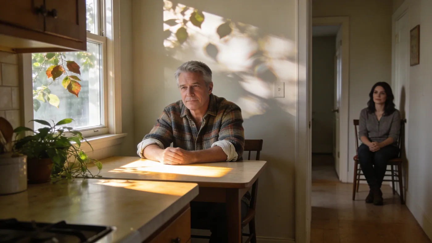 Man sitting braced on chair in calm hallway illustrating why feeling safe can feel wrong at first