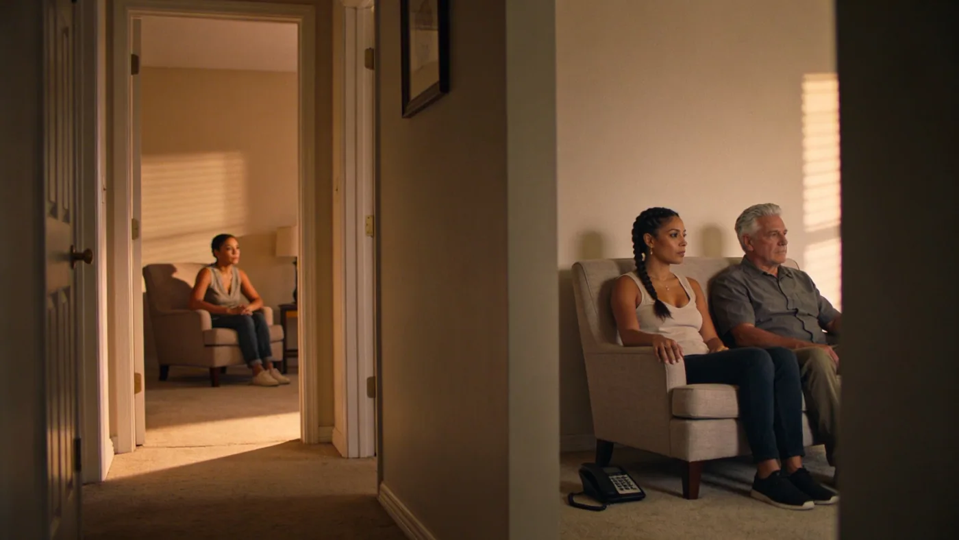 Man sitting in hallway with phone set aside, chest expanded mid-breath during inner tension — difference between ego and higher self