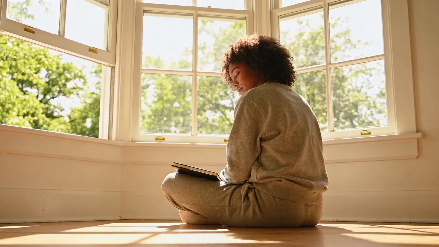 Man sitting on floor with closed journal on lap and eyes closed in afternoon light, body at rest — inner child healing affirmations