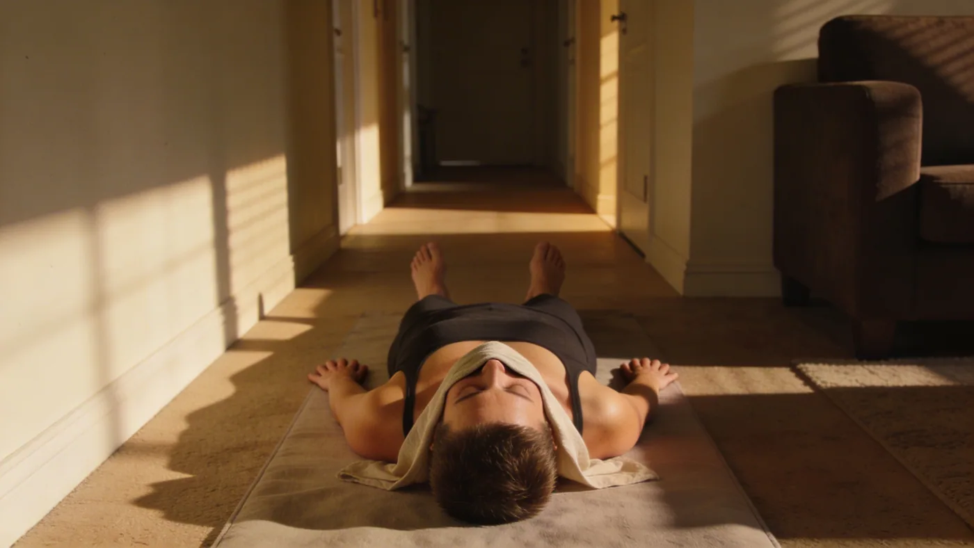 Man sitting on hallway floor with eyes closed and bare feet grounded during body-first shadow work session — shadow work journal prompts