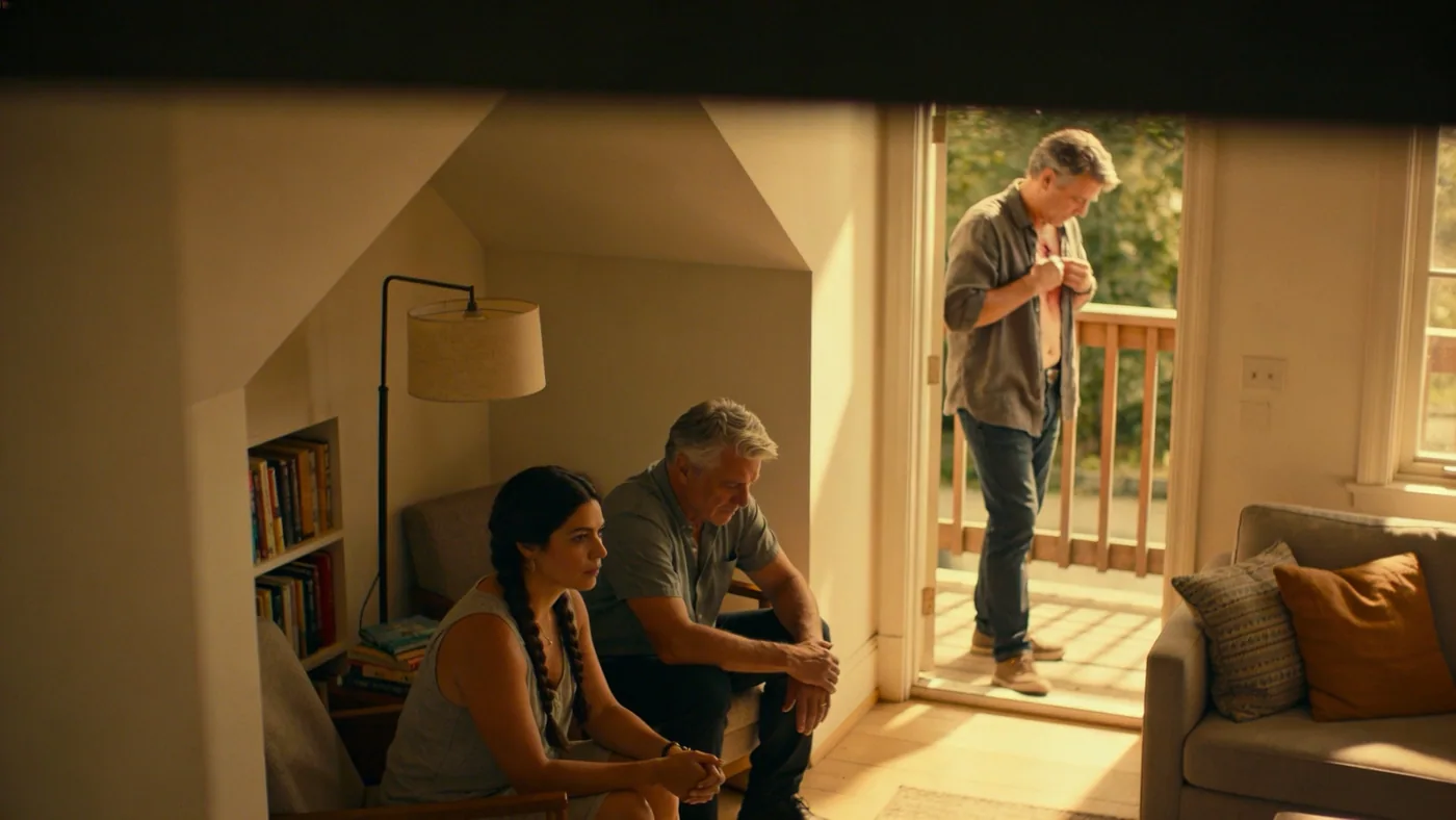 Man standing at balcony doorway threshold between shadow and light exploring the wound beneath the wound — inner child wounds