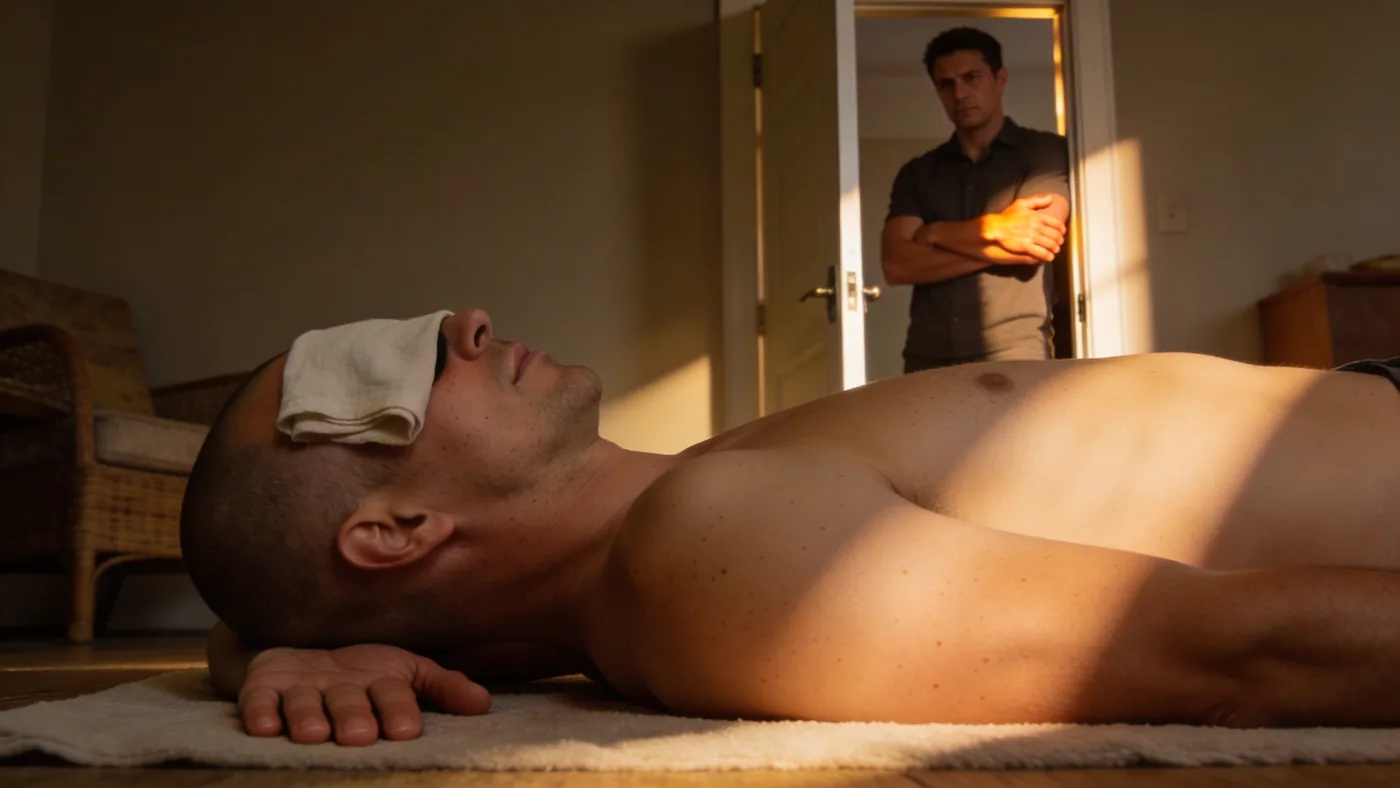 Man standing at half-open doorway with arms crossed showing why inner child healing activities feel fake