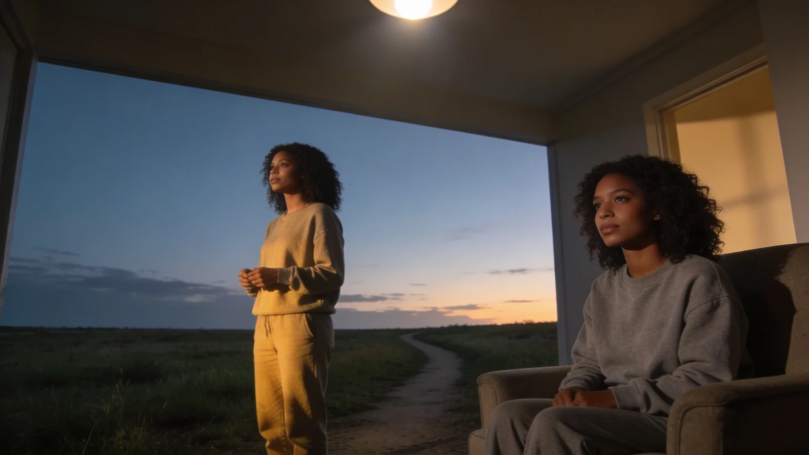 Man standing on open grassland path at golden hour preparing to feel your feelings — feel your feelings without performing peace