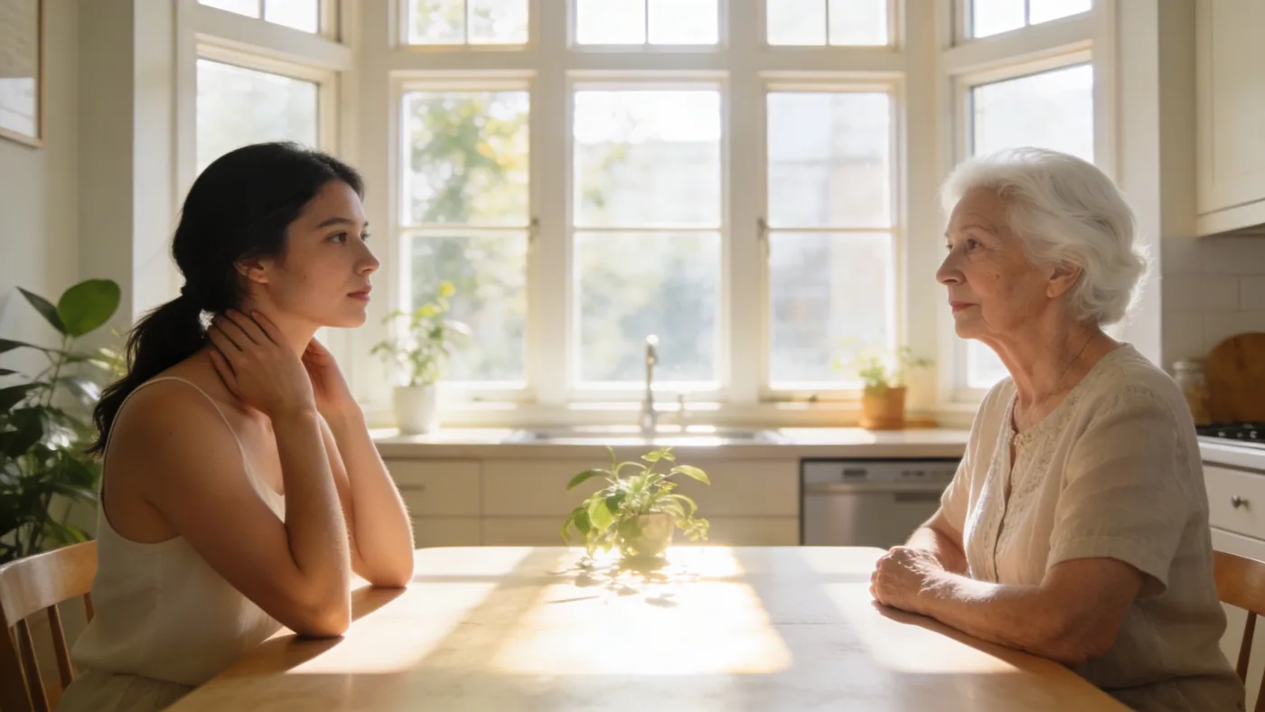 Man touching his neck in office corridor using a cleaner filter for live decision moments — ego tricks vs true intuition signals
