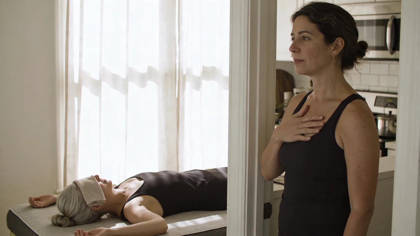 Man with hand on chest standing in kitchen doorway starting with a body map for nervous system regulation — somatic practices for nervous system regulation