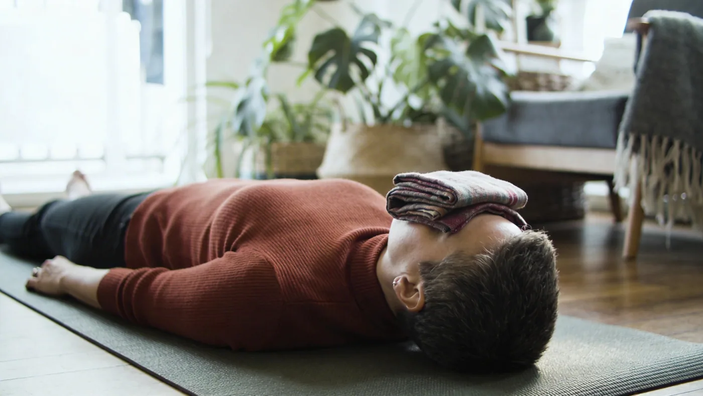 Pattern recognition: person lying on their back in a Feeling Session with arms beside the body and a soft cloth over the eyes and forehead only — self acceptance