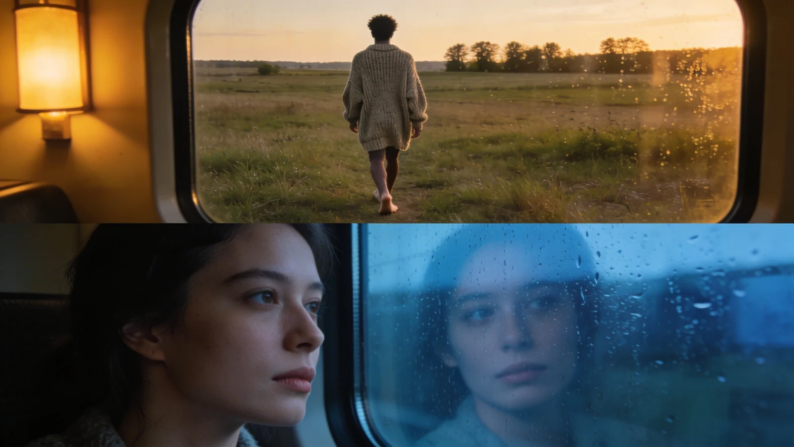 People pleaser gazing through rain-streaked train window with her reflection visible in the glass