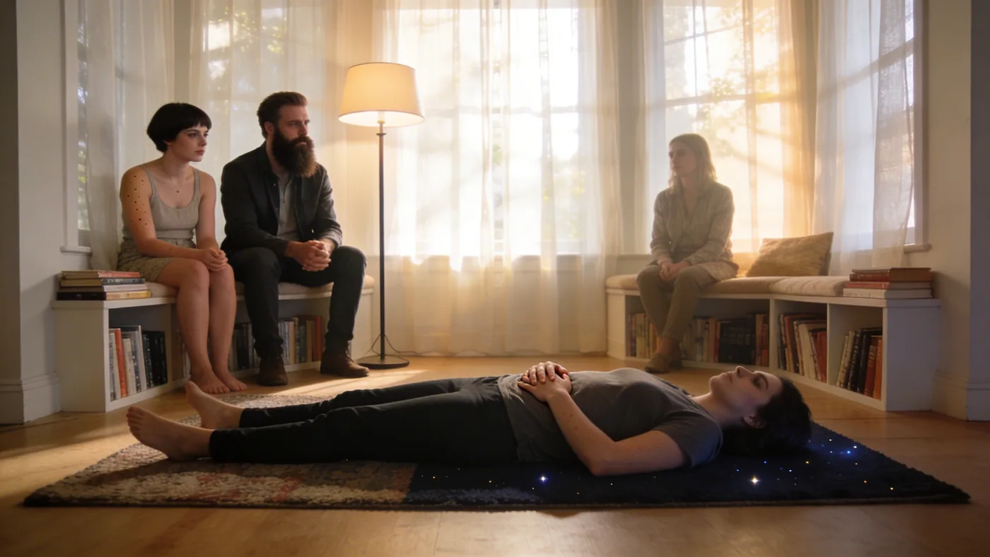 Person lying on a rug at night with hand on stomach, body finally settling as nervous system activat Person lying on a rug at night with hand on stomach, body finally settling as nervous system activation eases — somatic exercises for nervous system