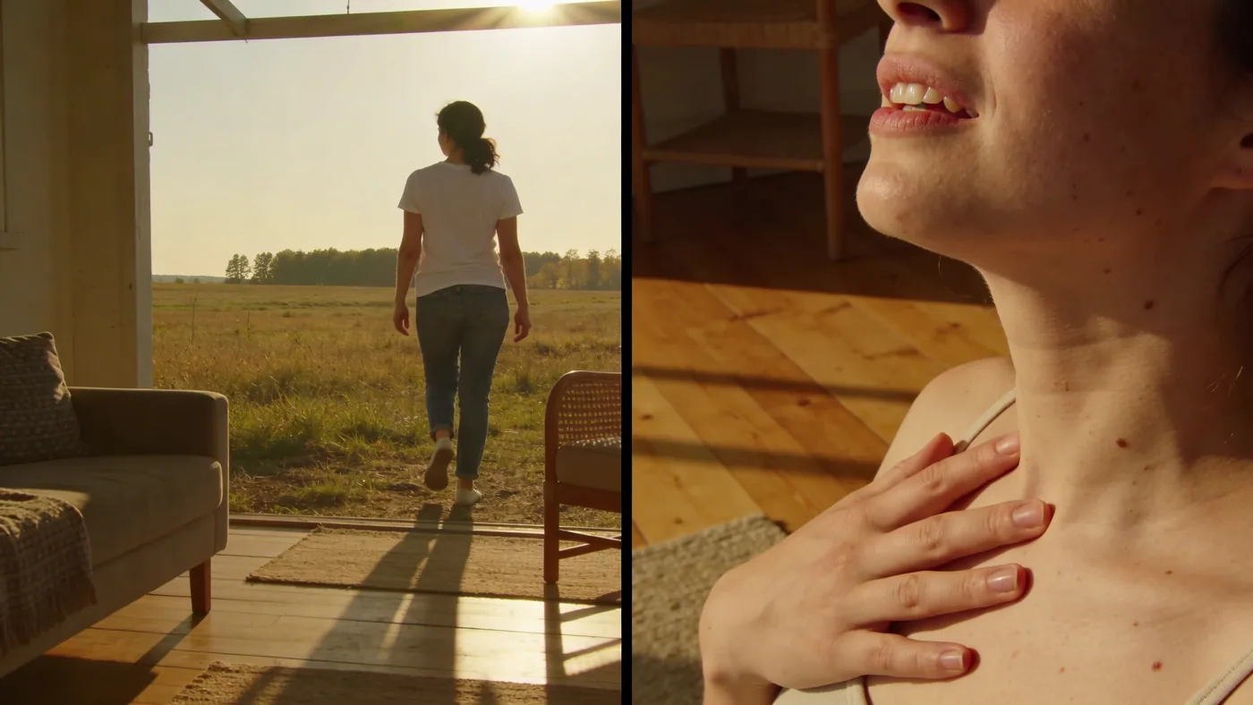 Person practicing feeling session technique for chest tightness anxiety on wooden floor