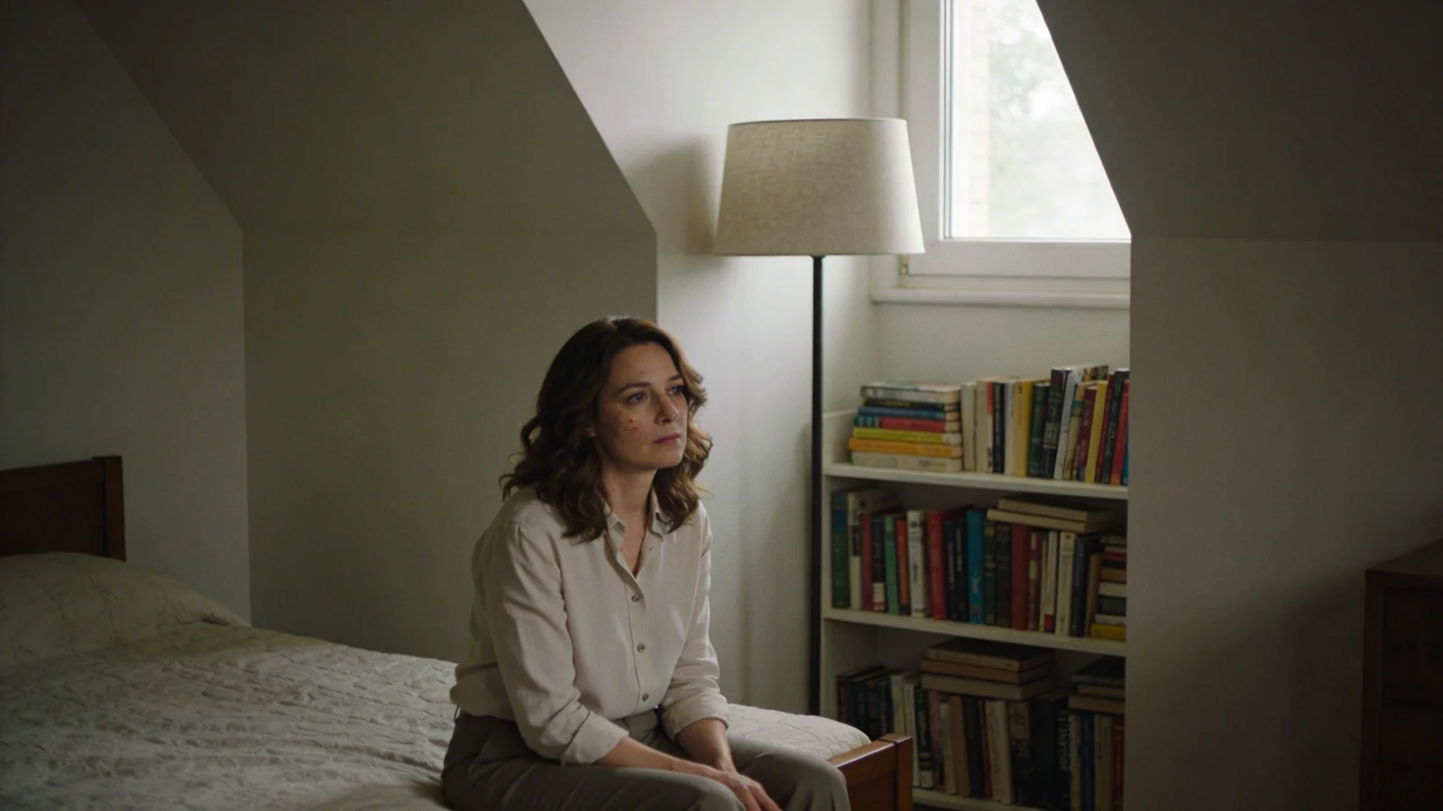 Person sitting contemplatively on bed edge in morning light, exploring ego tricks vs true intuition signals through quiet reflection