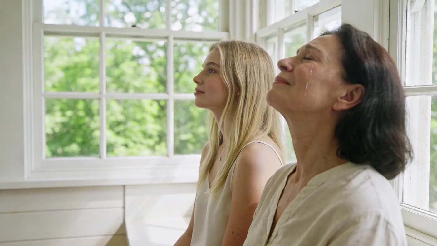 Person sitting on porch with face tilted up and eyes closed as the pattern of feeling emotionally unsafe begins to release