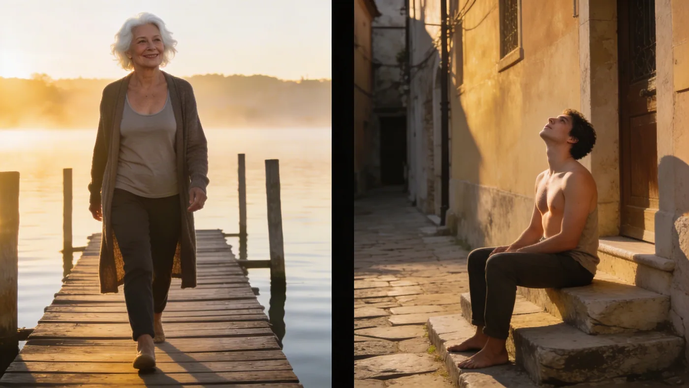 Person sitting on stone steps in a quiet alley with chest open and head tilted back, breathing when no one feels safe right now — safe person to talk to