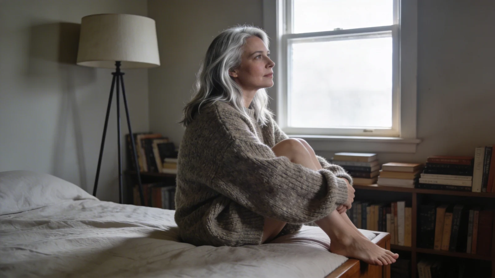 Person sitting quietly on bed edge in morning light, inner child healing contemplation