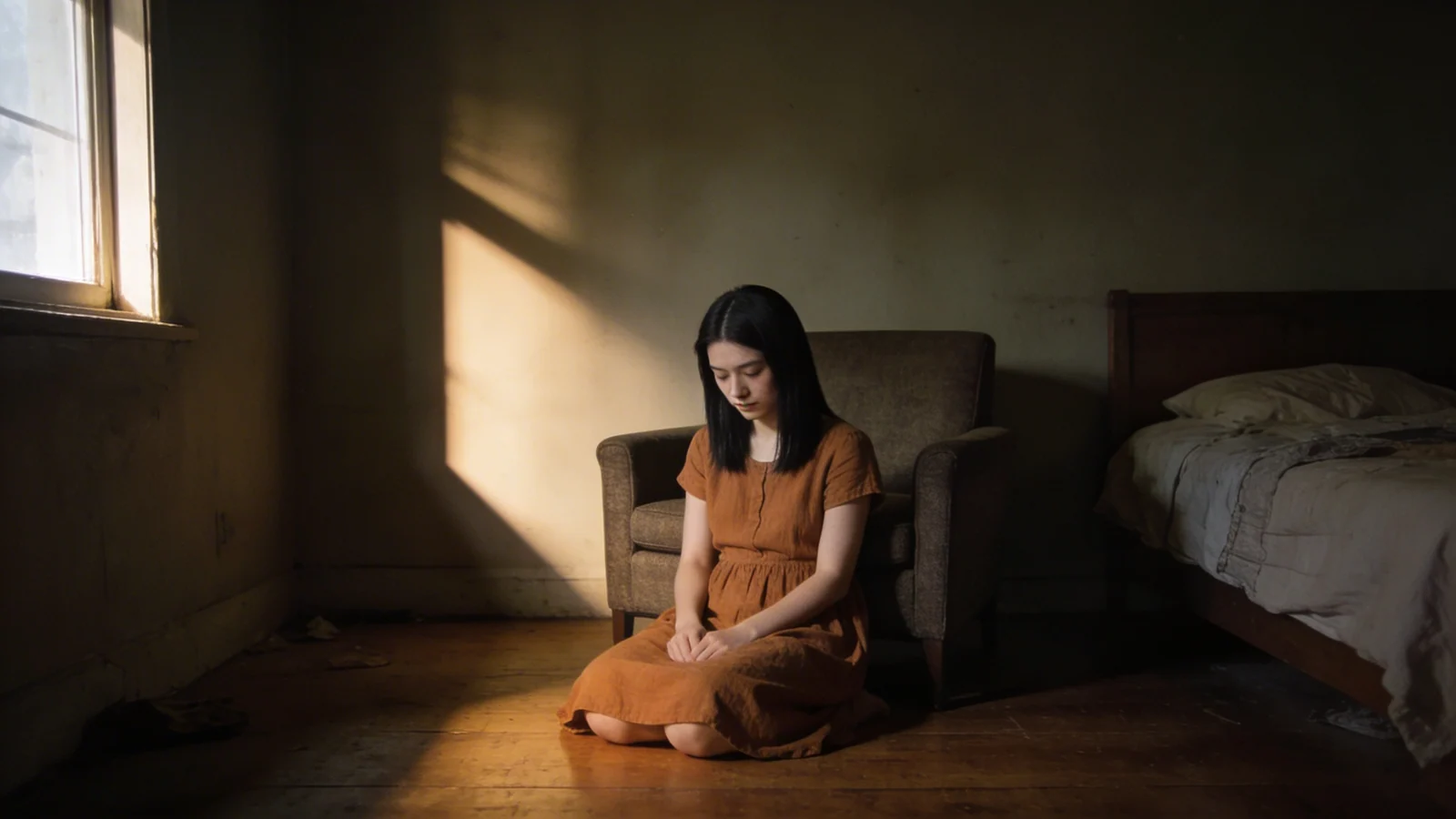 Person sitting quietly on wooden floor in dim bedroom, finding stillness when feeling spiritually lost — what to do when you feel spiritually lost