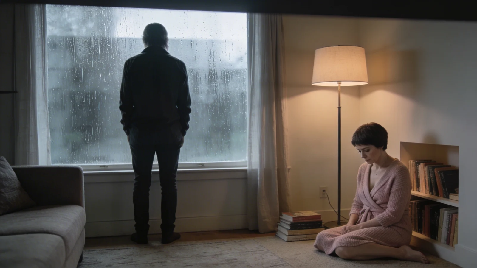 Person standing in a living room facing a rain-streaked window, body language conveying feeling empty
