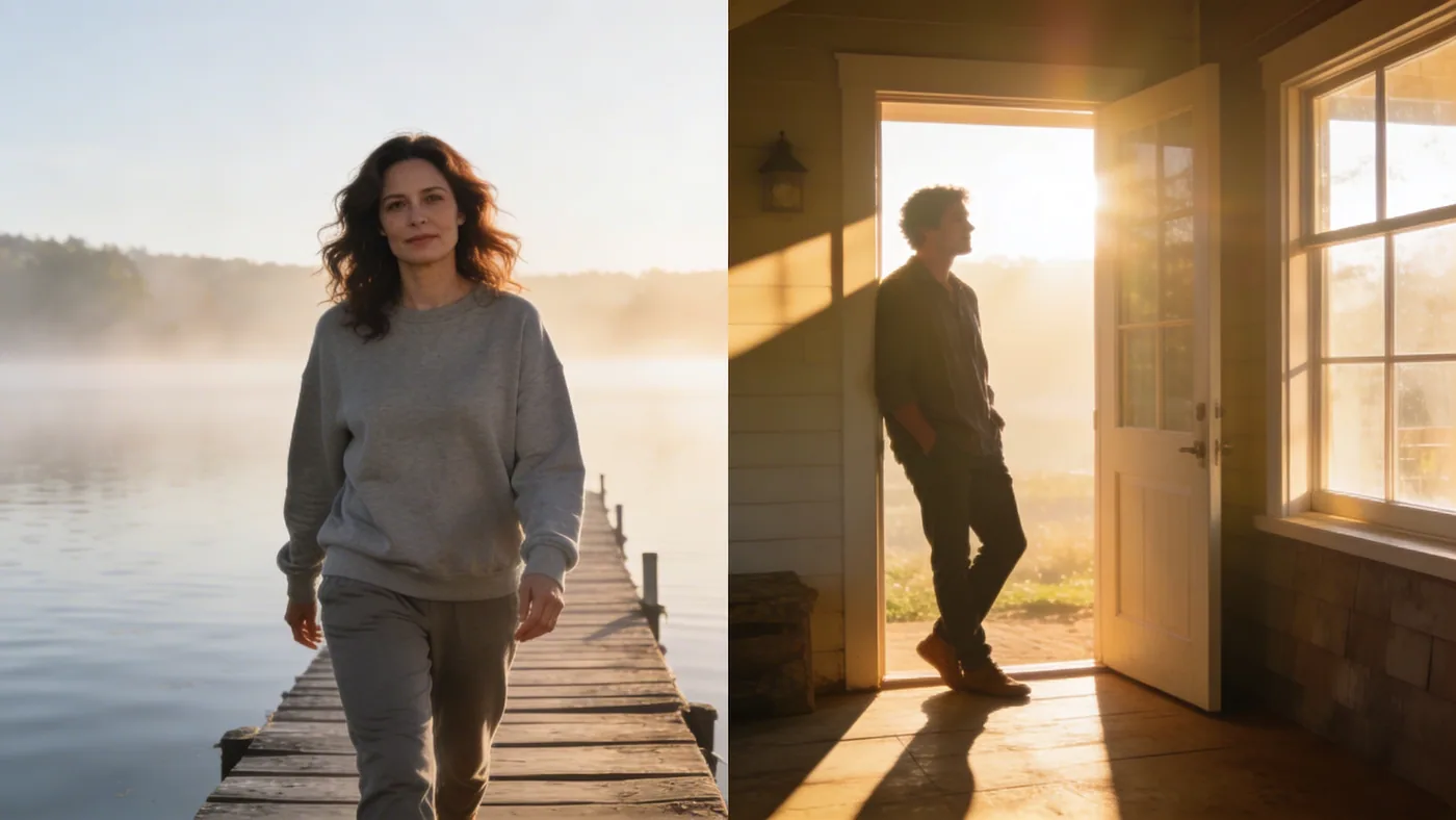 Person standing relaxed in a sunlit farmhouse doorway, body at ease between shadow and light, emotional safety in relationships