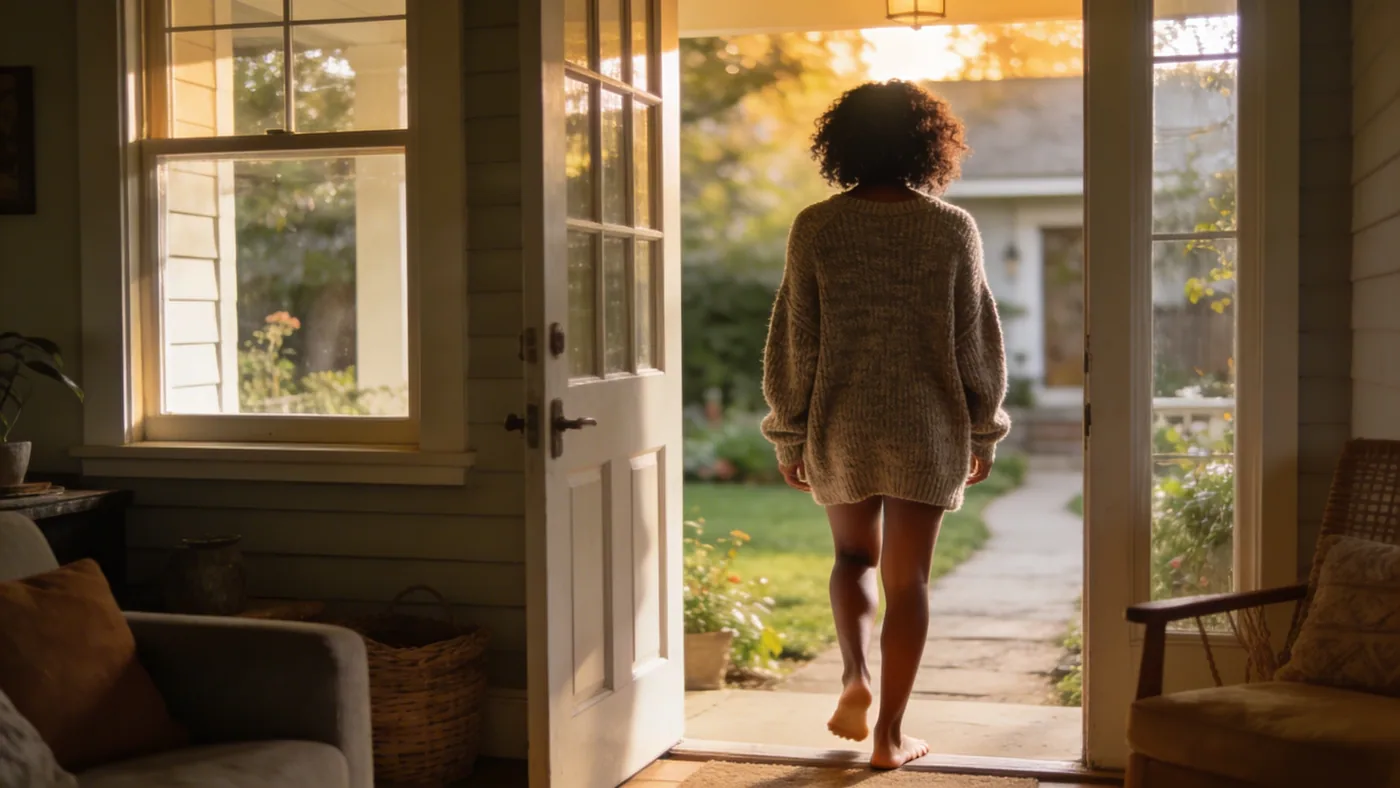Practice moment: person walking toward warm light through a doorway — A 7minute grief reset for the Practice moment: person walking toward warm light through a doorway — A 7minute grief reset for the moments that spike — grief counseling