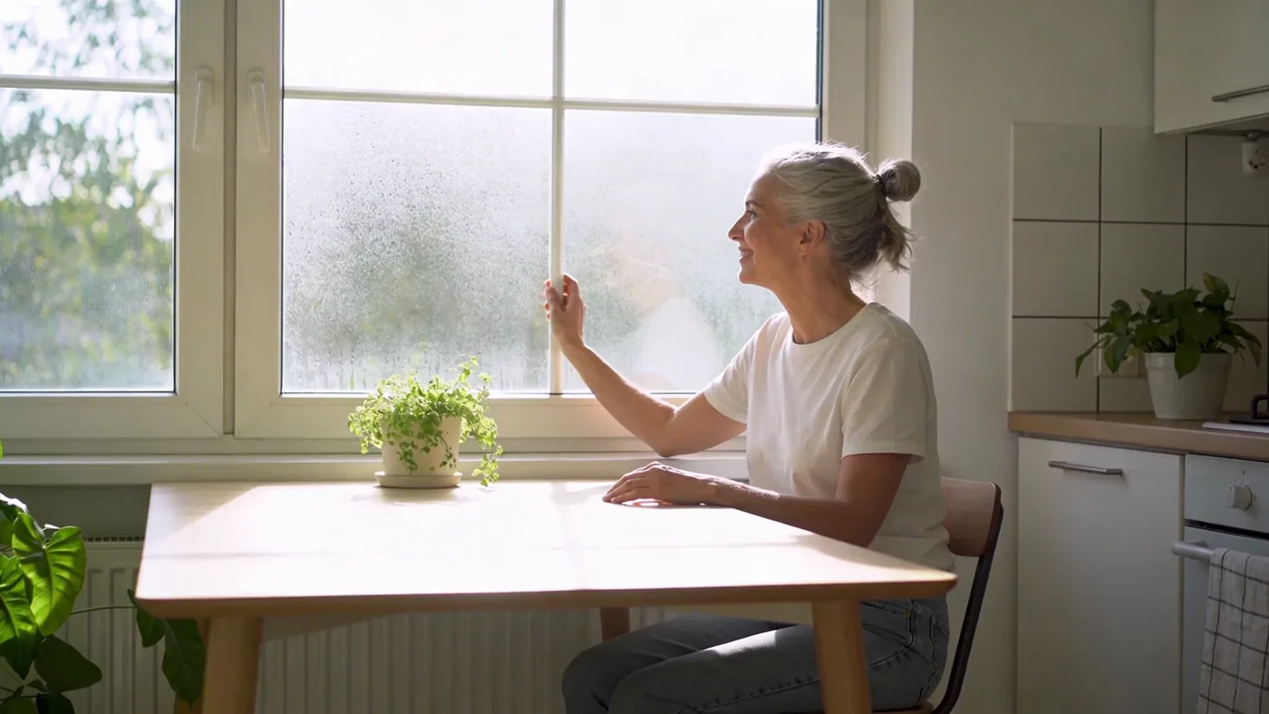 Relaxed hand holding ceramic tea mug by foggy window showing what softens after consistent practice — feeling safe
