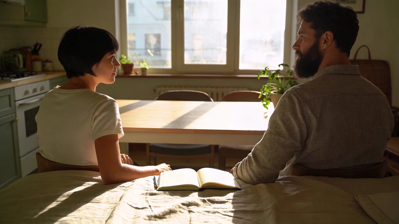 Relaxed hand resting beside open journal on linen bed during gentle shadow work journal prompts practice