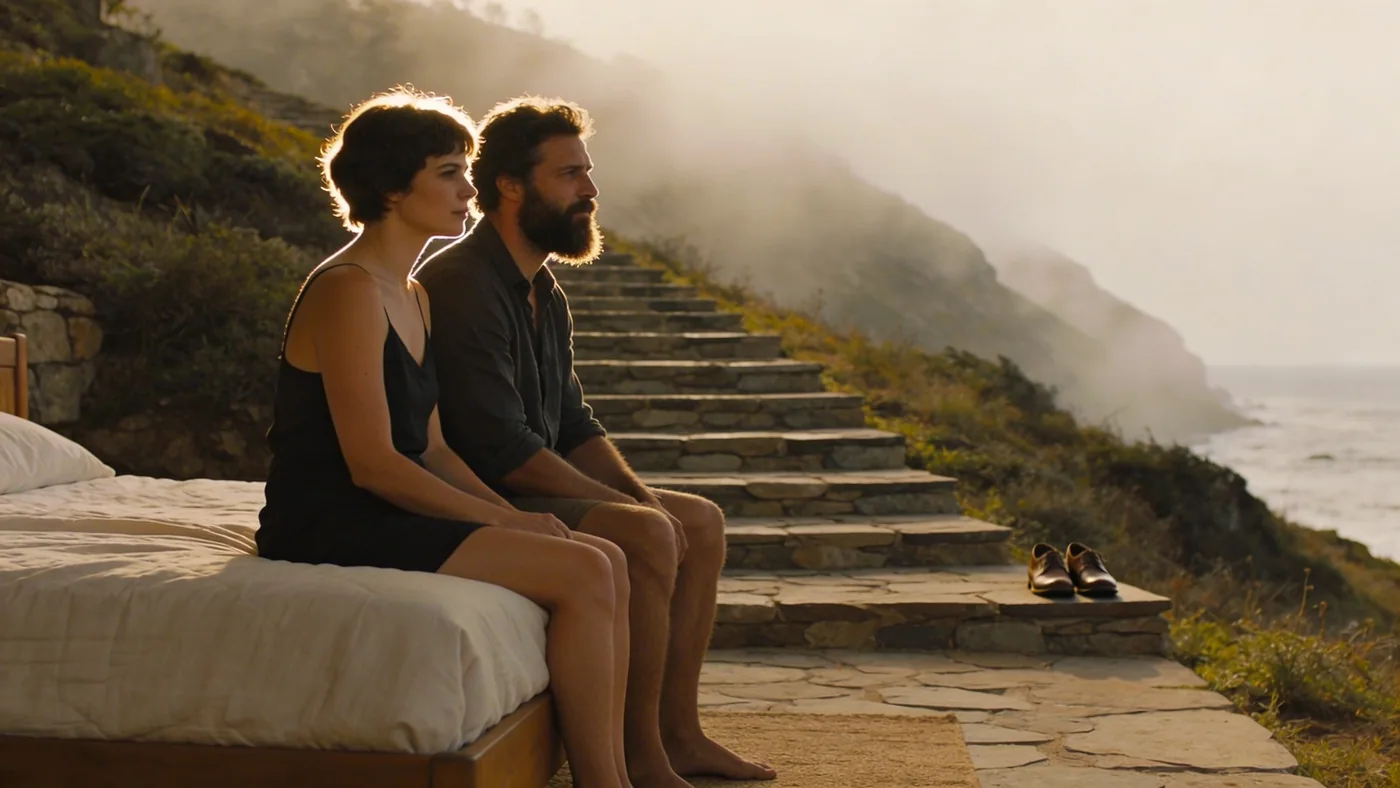 Stone steps descending misty coastal hillside with shoes at top inviting practice to feel your feelings — feel your feelings without performing peace