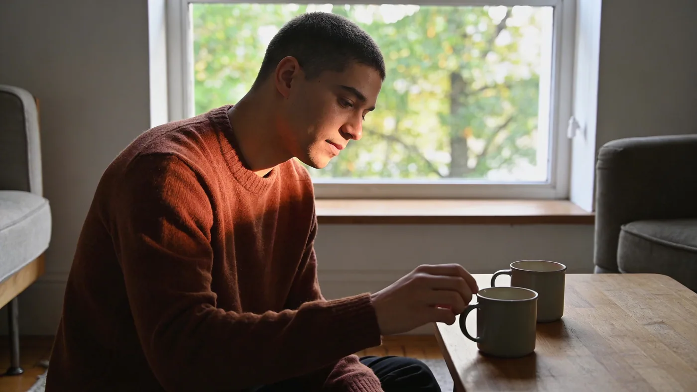 Two ceramic mugs on a wooden table with one pushed toward the other, a small gesture of what changed — emotional safety in relationships