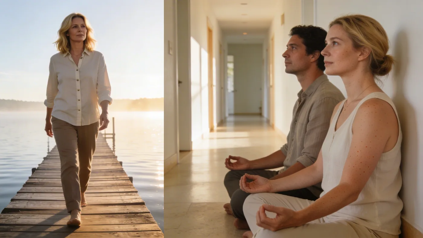 Two people sharing quiet moment in body-first healing spirituality practice, sitting together in hal Two people sharing quiet moment in body-first healing spirituality practice, sitting together in hallway
