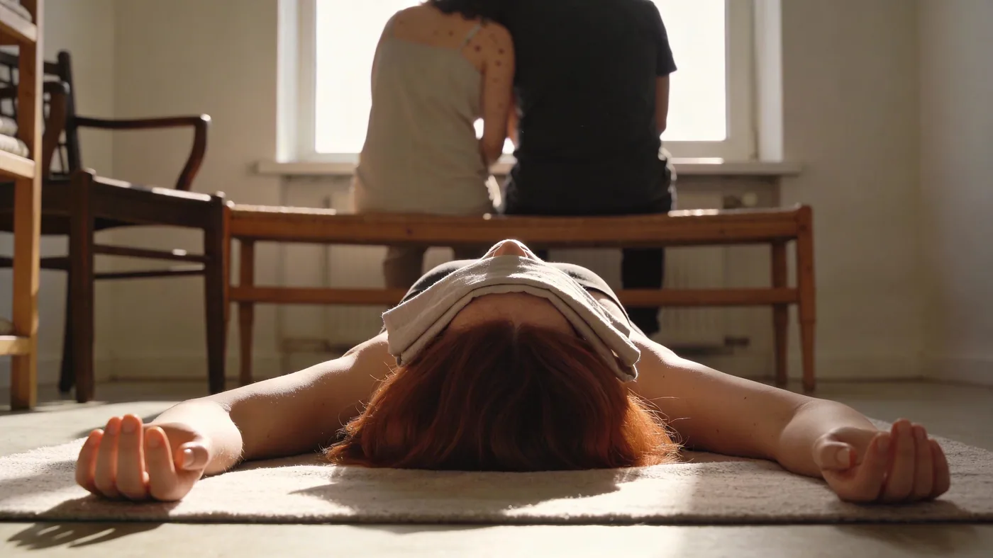 Two people sitting quietly together on wooden bench near window, bodies close, showing nervous system speaks in sensation not explanation — nervous system regulation